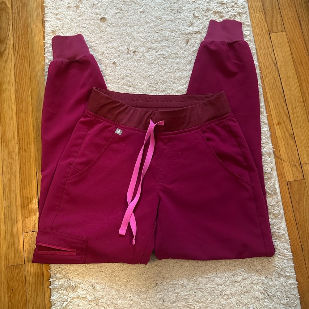 Figs Women's Dark Magenta Joggers with Pink Drawstring